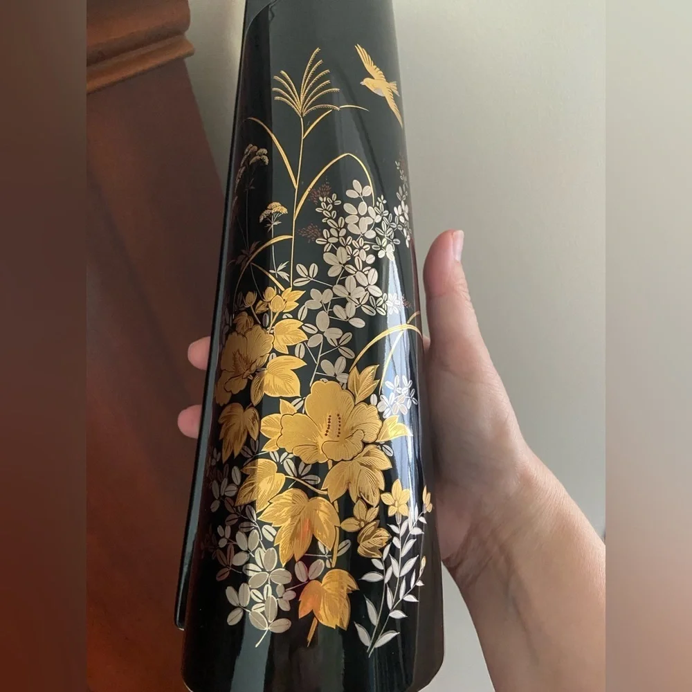 JAPAN TALL YAMAJI Wrap Black PORCELAIN VASE - Gold FLORAL & BIRD DESIGN